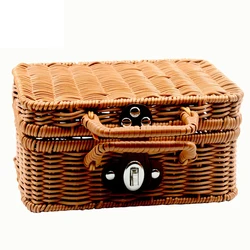 Candy Gift & Kids Toy Baskets Picnic Basket Retro handle Storage Basket Handmade iron frame Woven Rattan Box with Lid