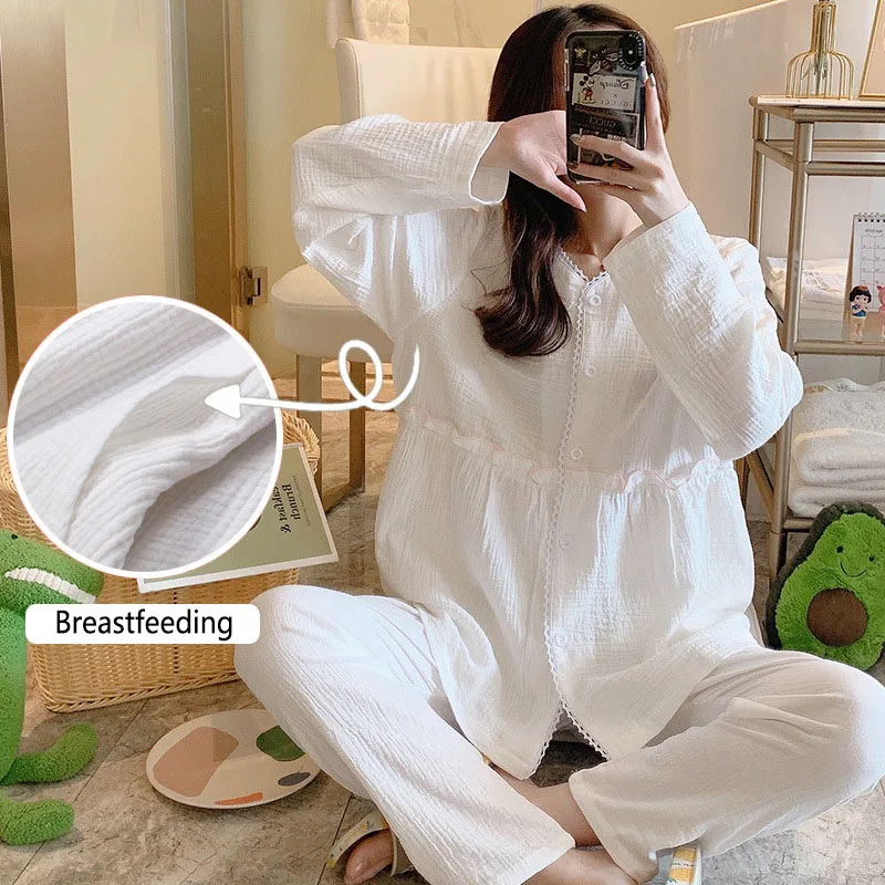 
Maternity 100%Cotton Pajamas Set Long Sleeve Breastfeeding Hospital Nursing Sleepwear Lactation Stretch Clothes 