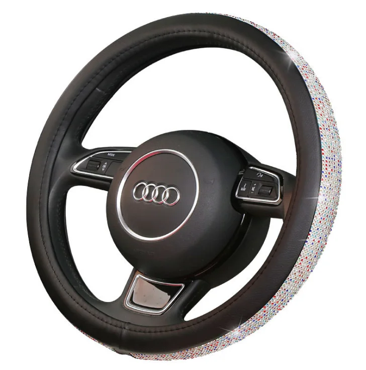 Fashion Bling Crystal Rhinestones Universal Fit 15 Inch Anti-Slip Wheel New Shining Diamond Leather Car Steering Wheel Cover
