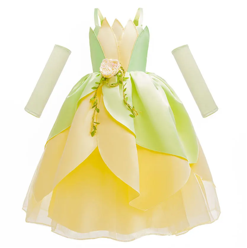 Hot Selling ODM OEM Girls Green Tulle Layered Dresses Kids Tiana Cosplay Dress Princess Costumes For Girls