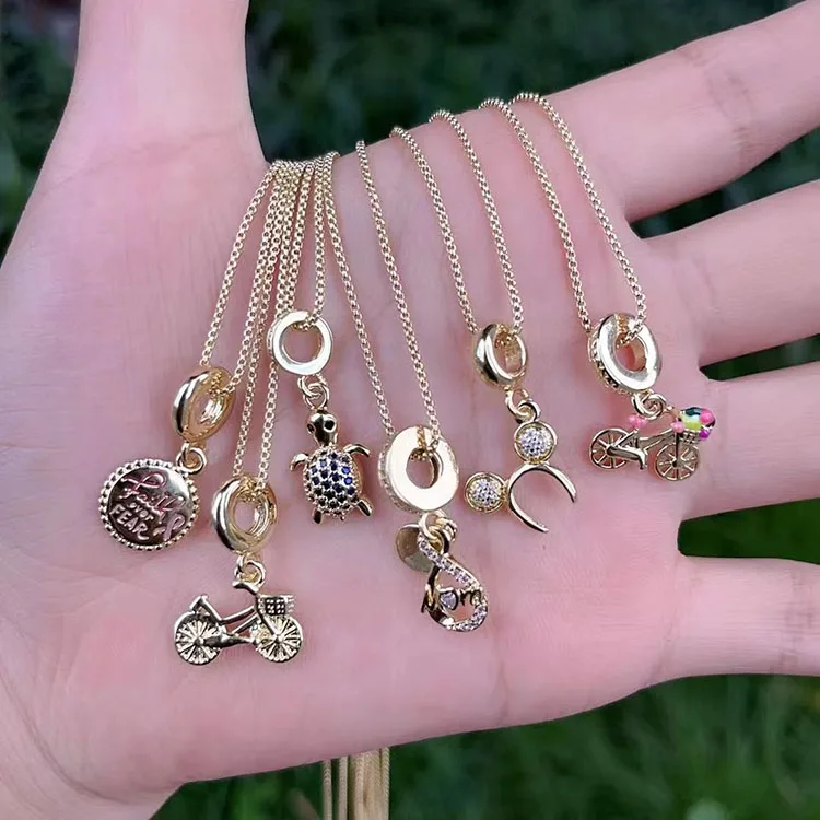 NZ1549 18K Gold Plated CZ pave Enamel bicycle Eiffel Tower Microphone charms Pendant Necklaces jewelry gift for lady