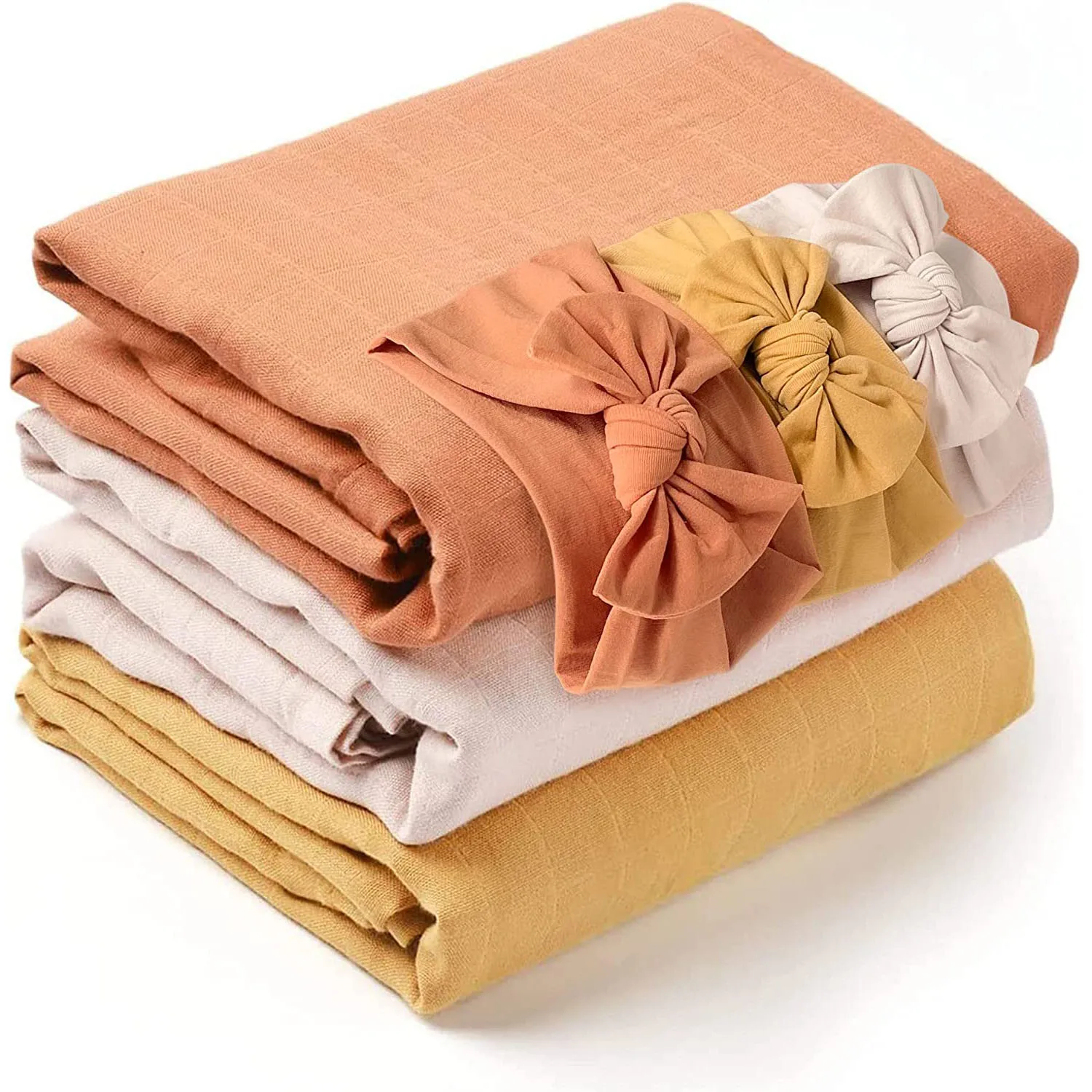 2 Pack Set Breathable Ultra-Soft 100% Cotton Muslin Baby Swaddles Receiving Blanket Headbands Set