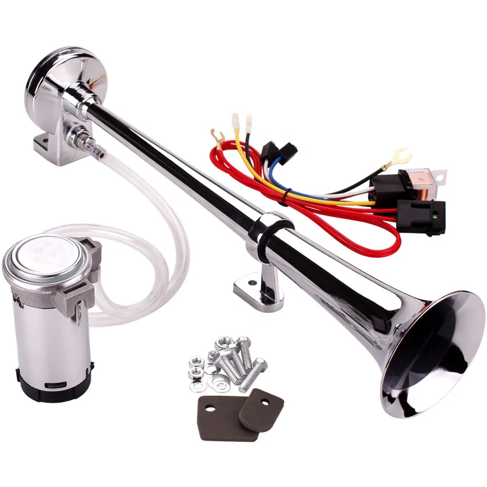 C-FARBIN 24V 150db Train Air Horn Super Loud 18 Inches Chrome Zinc Single Trumpet Truck Air Horn Kit with Compressor and Wire