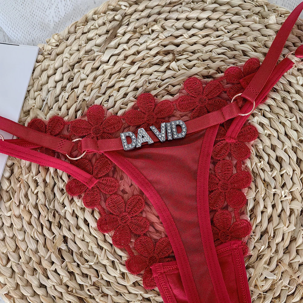 2024 Custom Letter Name Sexy lace Embroidered Underwear Tangas flower Panties with rhinestone letter Thong