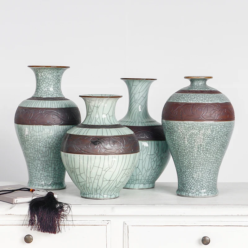 Chinese 3D Ceramic Art Handmade Antique Ice Crack Glaze Paint Pottery Vases Porcelain Vintage Flower Vase For Dining Table