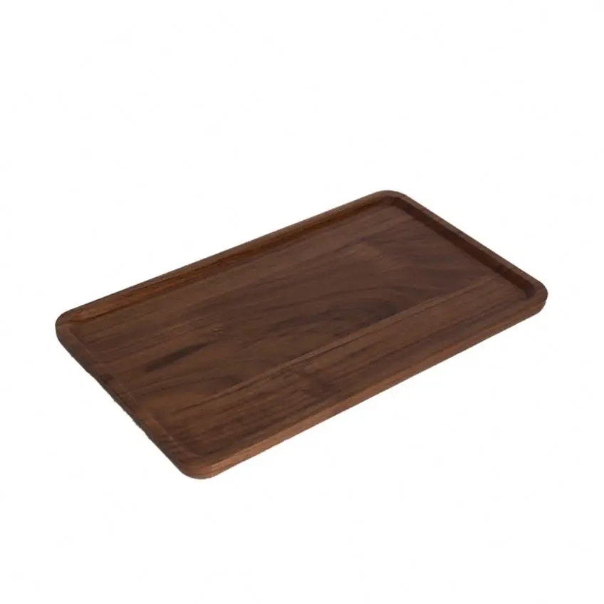 Wholesale Custom Luxury Rectangle Coffee Food Serving Wood Tray Walnut with Handle