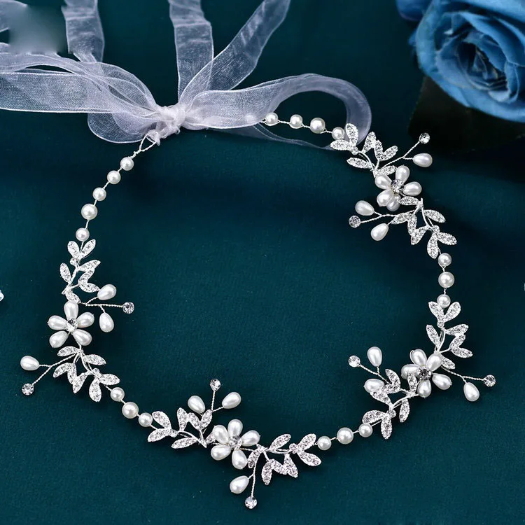 Wholesale Handmade Hair Accessories Alloy Leaf Pearl Wedding Tiara Headdress Party Hair Vine Bridal Organza Ribbon Hair Band