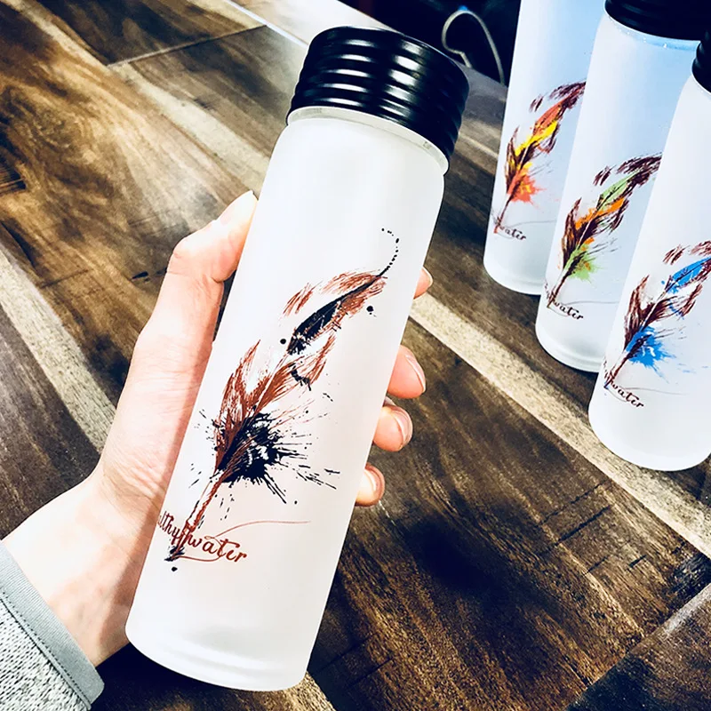 Custom Logo BPA Free Fashion  Popular Frosted Transparent Glass Drinking Water Bottle