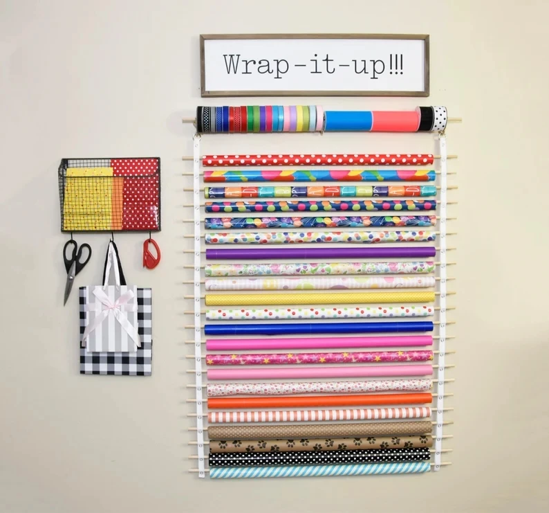 Handmade Wall Hanging Gift Wrap Storage 22 Rolls Christmas Gift Wrap Organizer Wrapping Paper Storage Rack