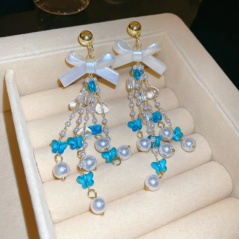 Silver Needle Bow Heart Butterfly Pearl Tassel Earrings Super Immortal Sweetness High Grade Earrings Light Luxury Earrings