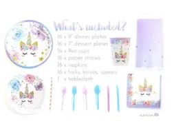 2019 Newest 16 Guests Unicorn Party Supplies  Pack Children Rainbow Birthday Party Supply Set With Bonus Happy Birthday Banner