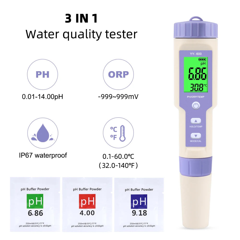 Water  Meter Detector 3 in 1 pH/ORP/TEMP Digital Tri-Meter Water Quality Monitor Tester
