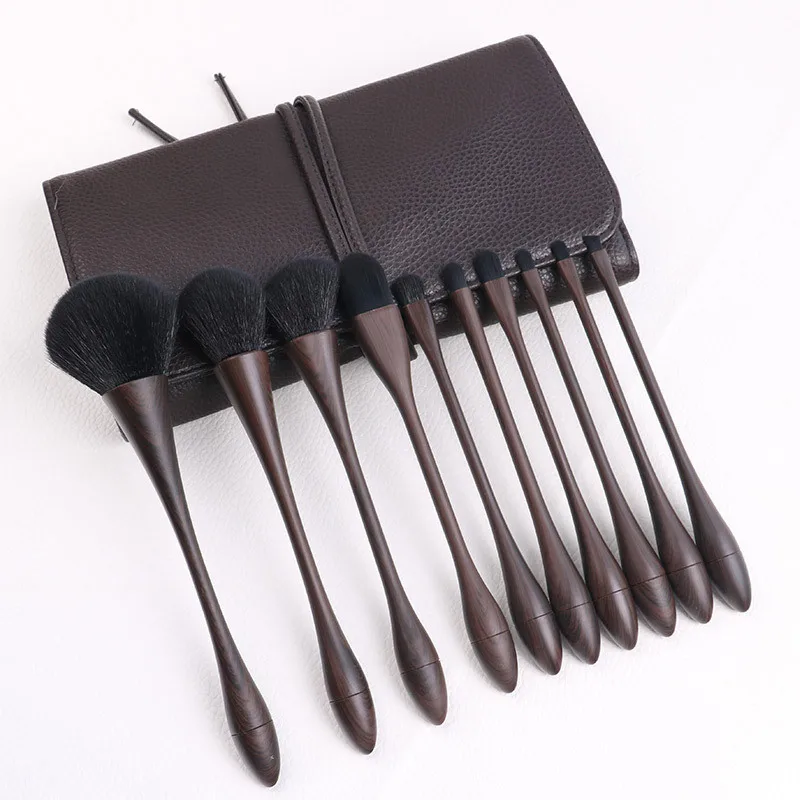 Factory Wholesale Cosmetic Tool 10 Pcs Wood Handle  Professional Makeup Powder Foundation Brush Set