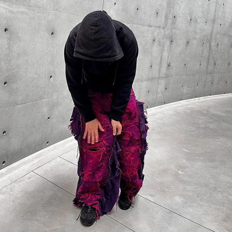 DiZNEW American retro original niche design sense erosion patchwork pleated loose straight pipe hip hop street dance men jeans