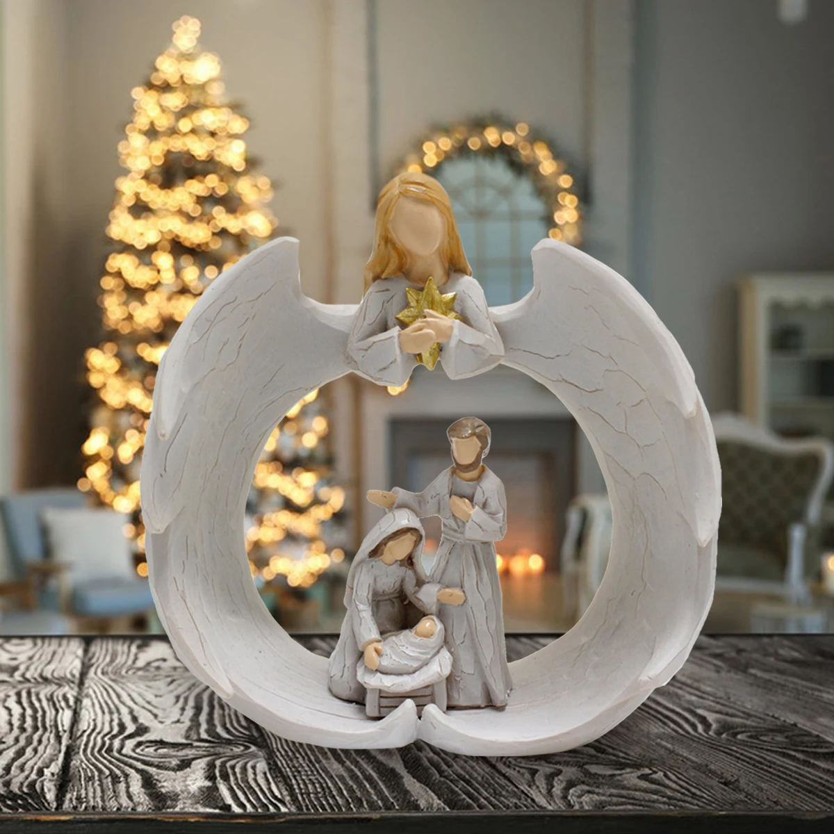 Religious Christmas Ornaments Pray Heart Shape Holy Family Christian Decor Angel Resin Statue