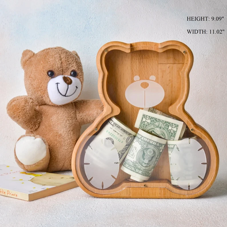 202407  Newborn Gift  Rocket Coin Bank Handmade  wooden Animal Coin Bear Piggy Bank  for Boys First Birthday Easter Gift