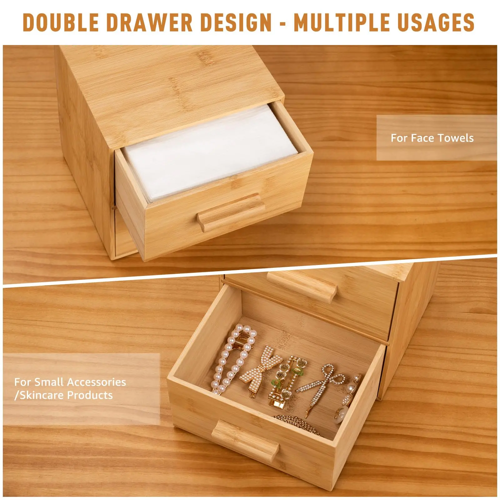 Bamboo Box with Makeup Remover Wipes,Wash Cloths for Your Face and Body, Double-drawer Bamboo Container for Face Towelettes