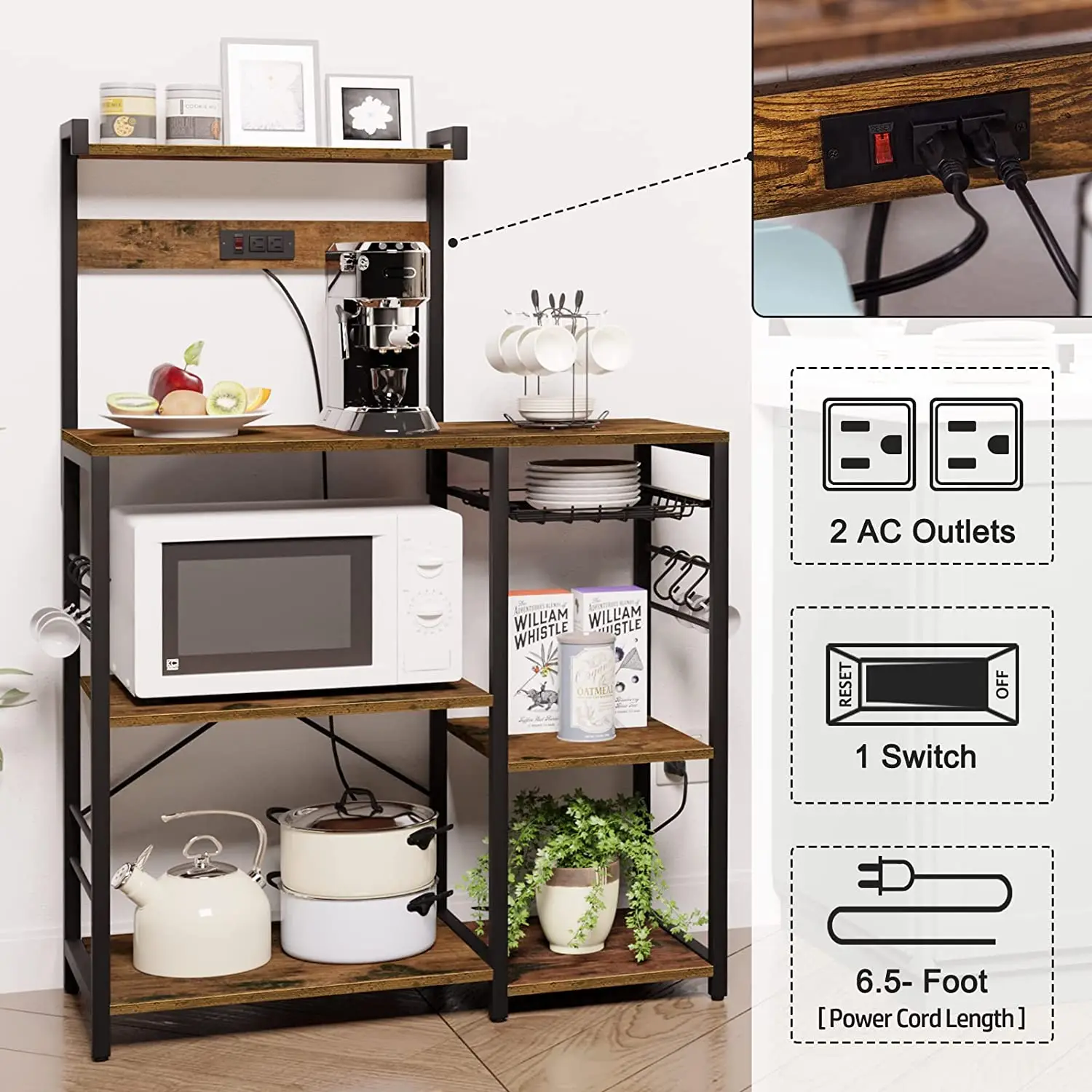 Vekin Kitchen Furniture Display Cabinets Storage Racks Vintage Brown Kitchen Simple Design Storage Rack with 6 S-Hooks