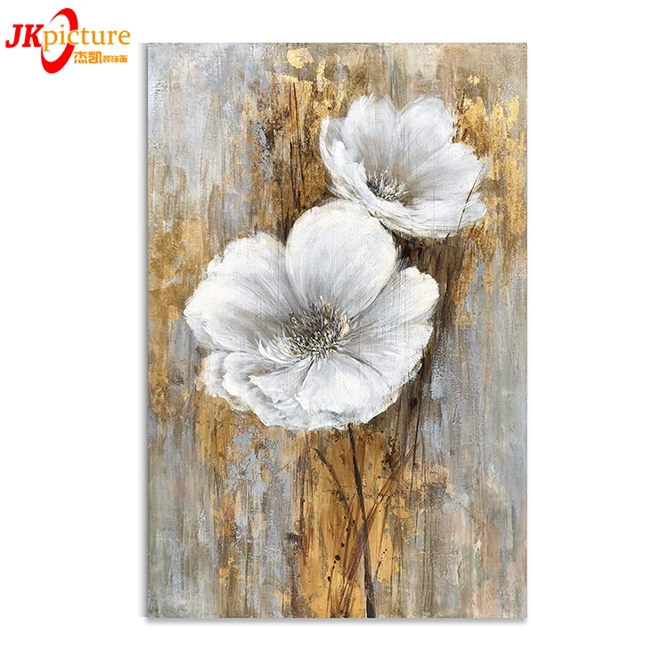White Floral Wall Pictures 100% Hand Painted Lily Bouquet Flower Artwork  Gold Foil flower oil painting gold
