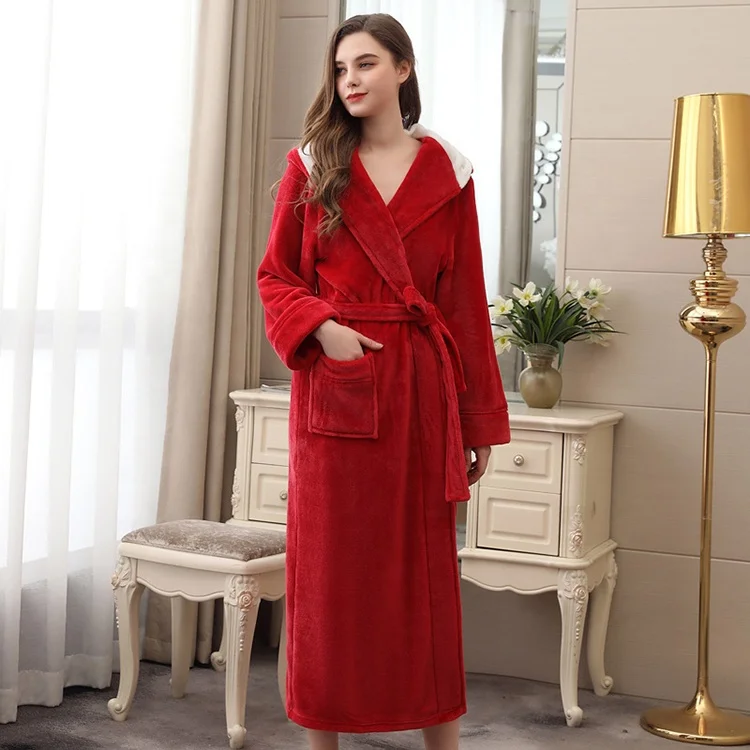 Women and men long fluffy fleece sleepwear warm adult nightgown organic bathrobes with hood