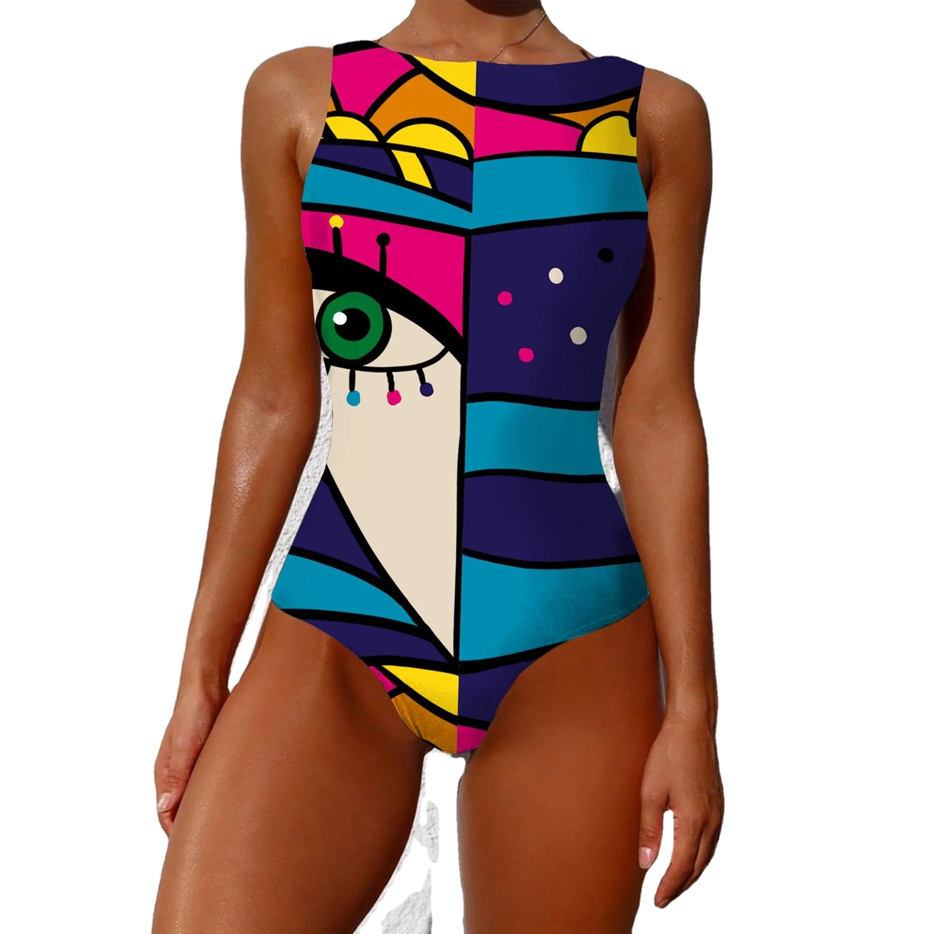 Colorful Abstract Printing One Piece Bikini Sexy High Leg High Fashion Sleeveless Hip Hop Women Hot Lady Bathing Suit 2023