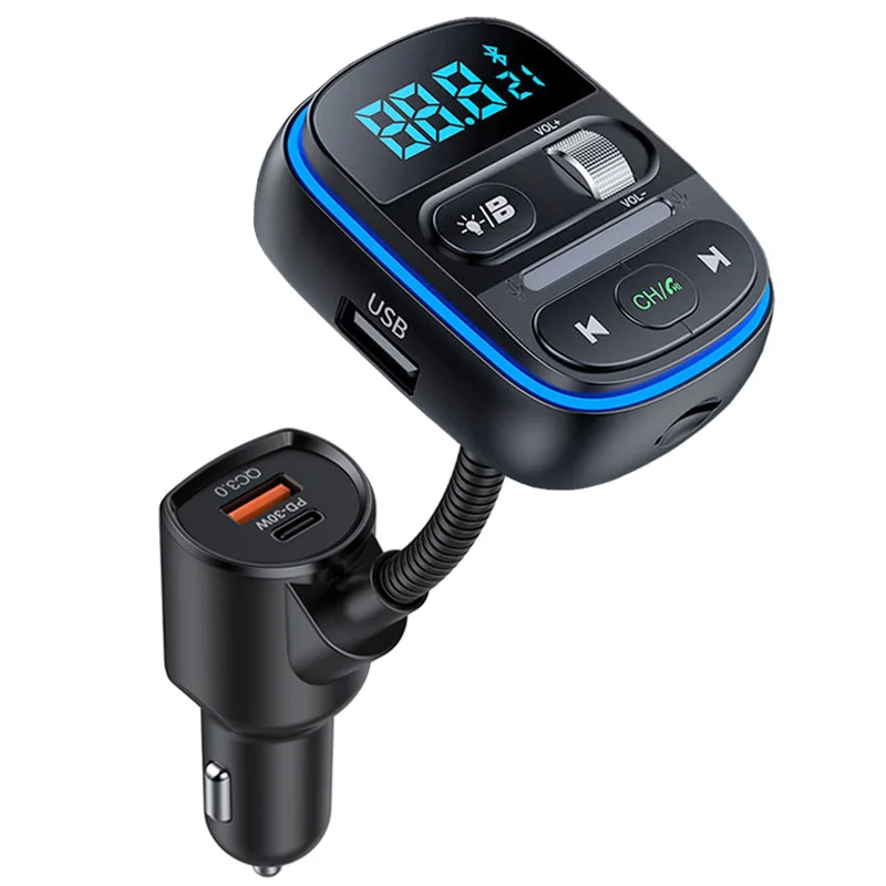 Qc3.0 Type C Pd 30W Fast Charging Colorful Light Handsfree Car Kit FM Transmitter Bass Wireless Car Mp3 Player