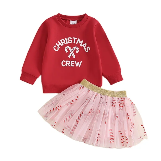 1 Pcs Custom Tag Christmas Outfit  Long Sleeve Crew Neck Letters Print Sweatshirt Candy Cane Tulle Skirt Girls Toddler Outfit