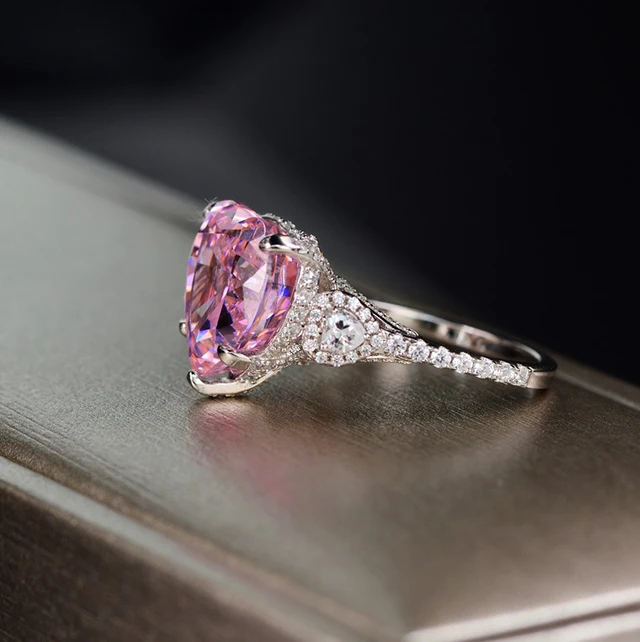 Pink Heart Diamond Engagement Ring Heart Cut Pink Sapphire Ring in Sterling Silver