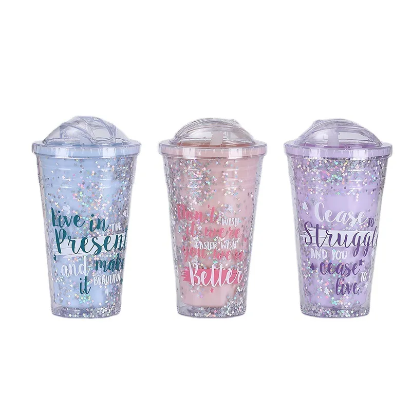 Drink Cup Wholesale Insulated Glitter Glam Reusable Ice Coffee Tumbler 450ML Plastic Water Cups With Lids And Straw