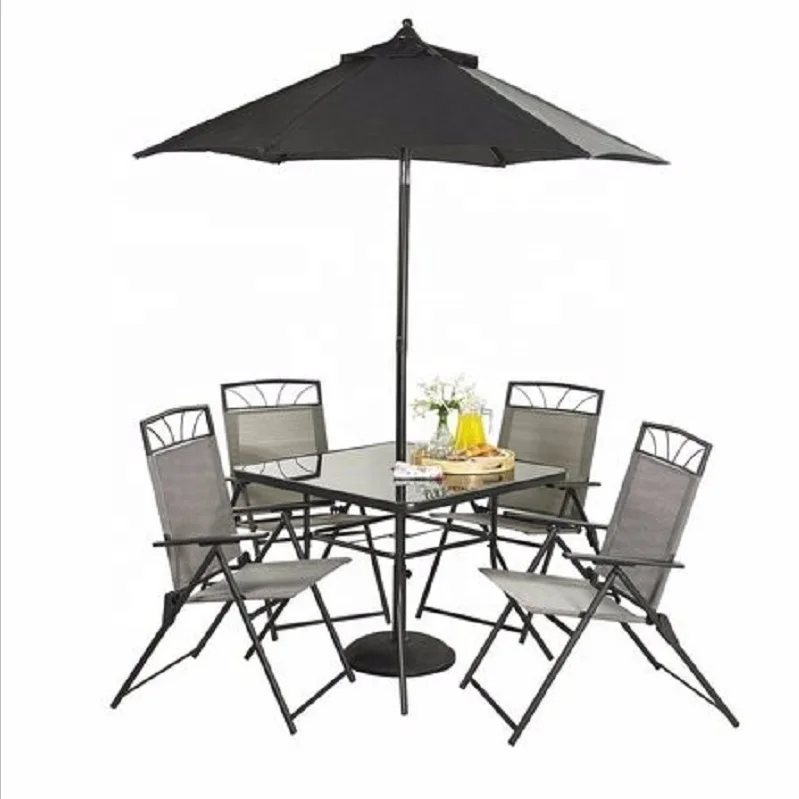 China Garden Furniture Home Leisure Way Patio Outdoor 4 Seater Metal Dining Set with Foldable Chairs, Glass Table, Umbrella