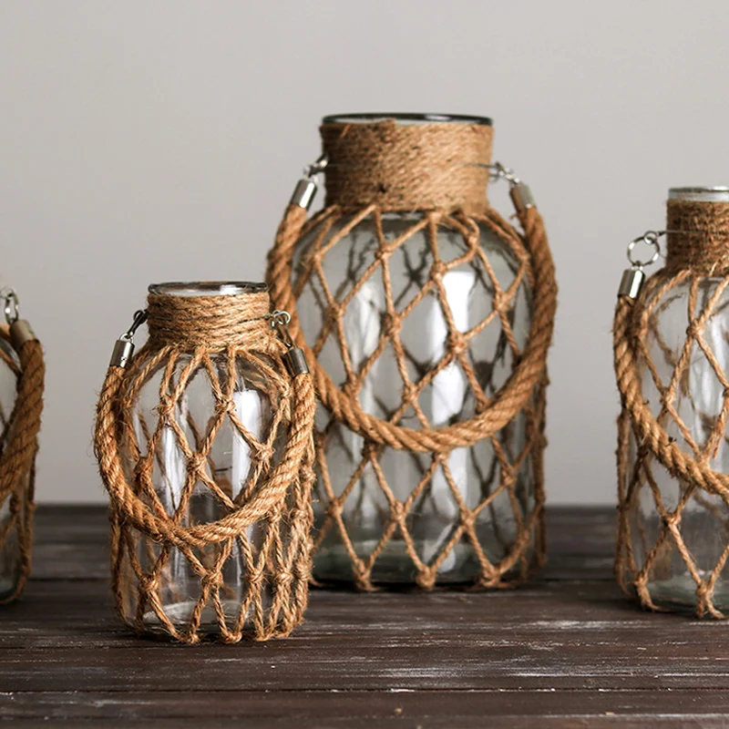Flower Vase with Rope Net Decorative Bottle Vase Dry Flower Glass Vase for Dining Room