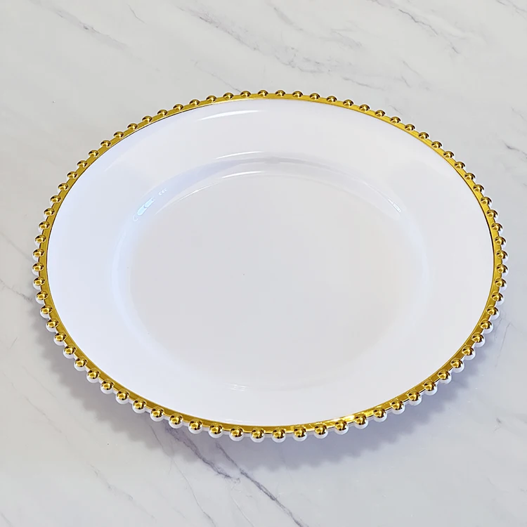 Bulk White Plastic Charger Plates with Gold Bead Rim 13 inch Reusable Round Dinner Plates For Wedding
