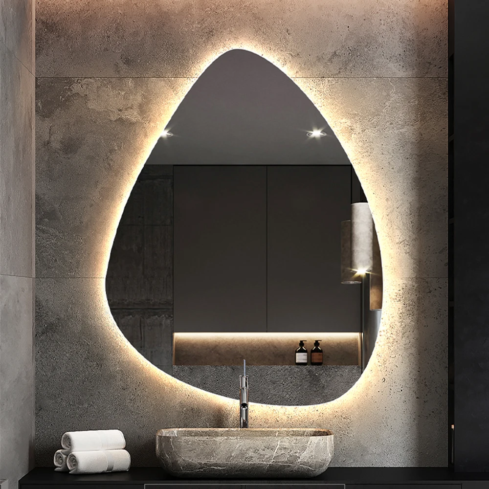 Irregular Led Anti Fog Mirror For Shower Illuminated Hotel Bathroom Vanity Mirror With Lights Smart Touch Control