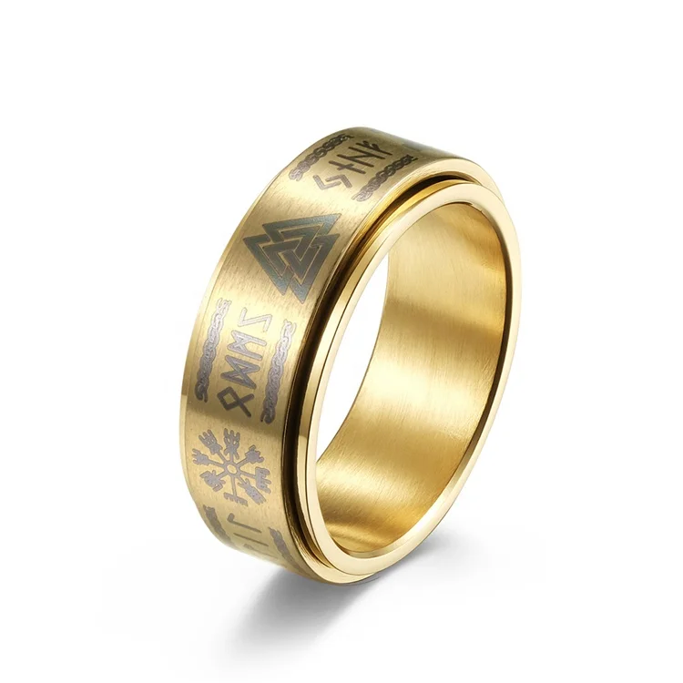 2022 New Stainless Steel Mens Gold Viking Ring With Text Rotatable Decompression Ring Rune Rings