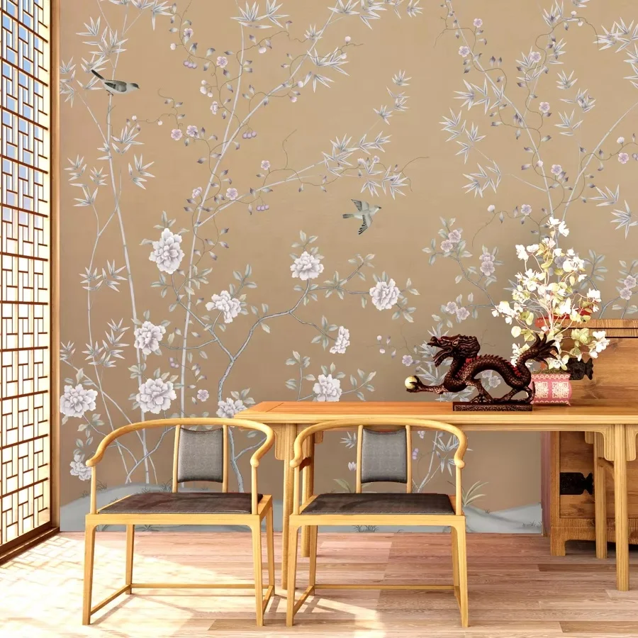 Interior Decoration Flower Floral Bird Chinoiserie Mural Wallpaper Lilac Luxury Sophisticated Wallcoverings home decor