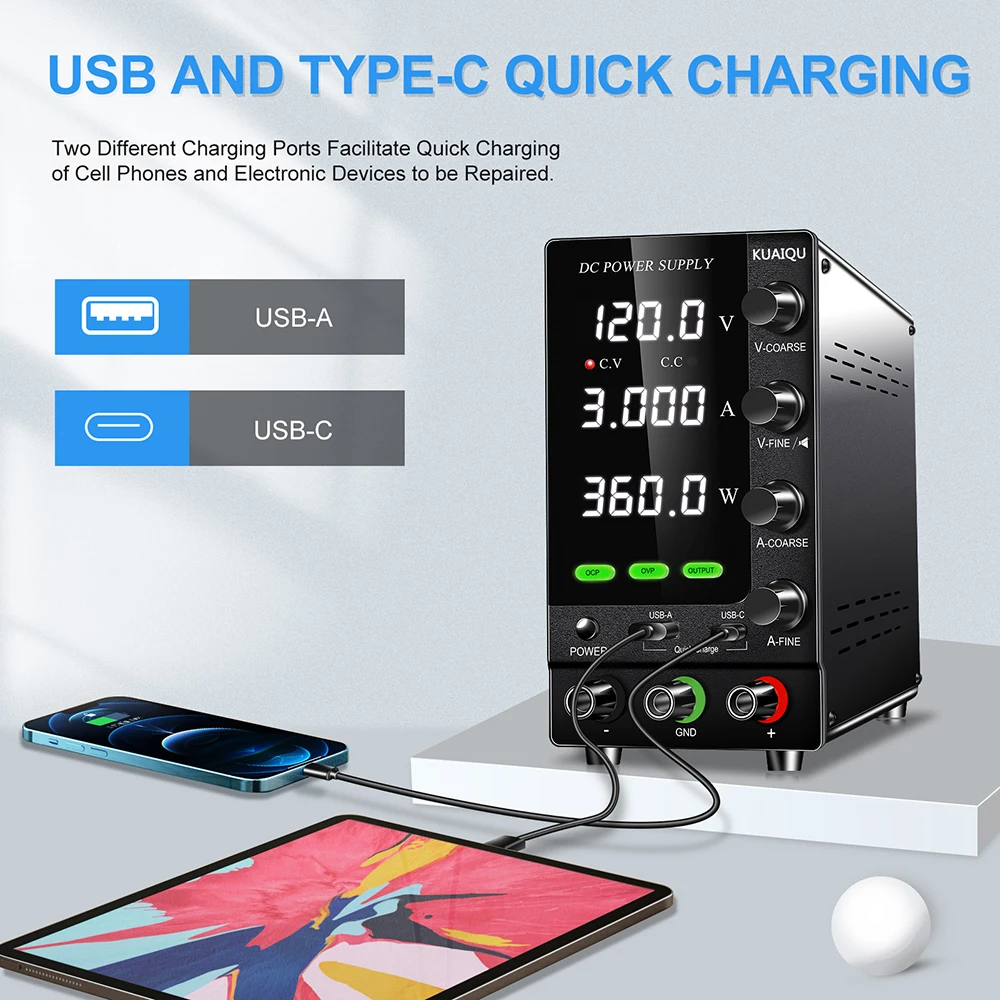 KUAIQU SPS-C1203S 120V 3A 360W OCP OVP DC Lab Power Bench LCD Display with Output Switch USB and Type-C Fast Charging