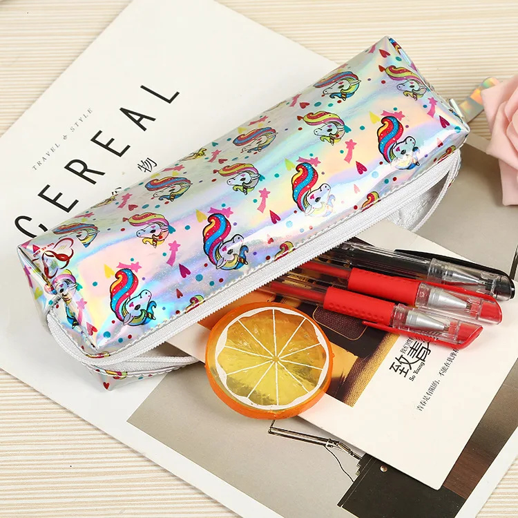 Cute Mermaid Holographic Pencil Case for Kids Waterproof Unicorn Laser Leather Zipper Pen Pencil Case Bag for Gift