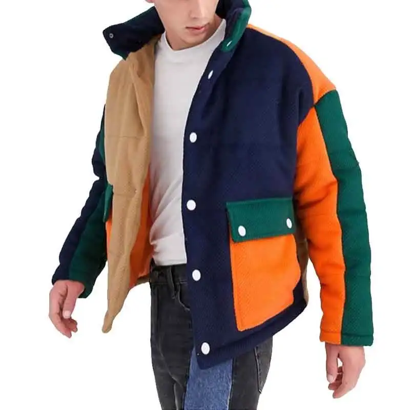 OEM Long Sleeve Color Block Patchwork Flag Pockets Corduroy Jacket