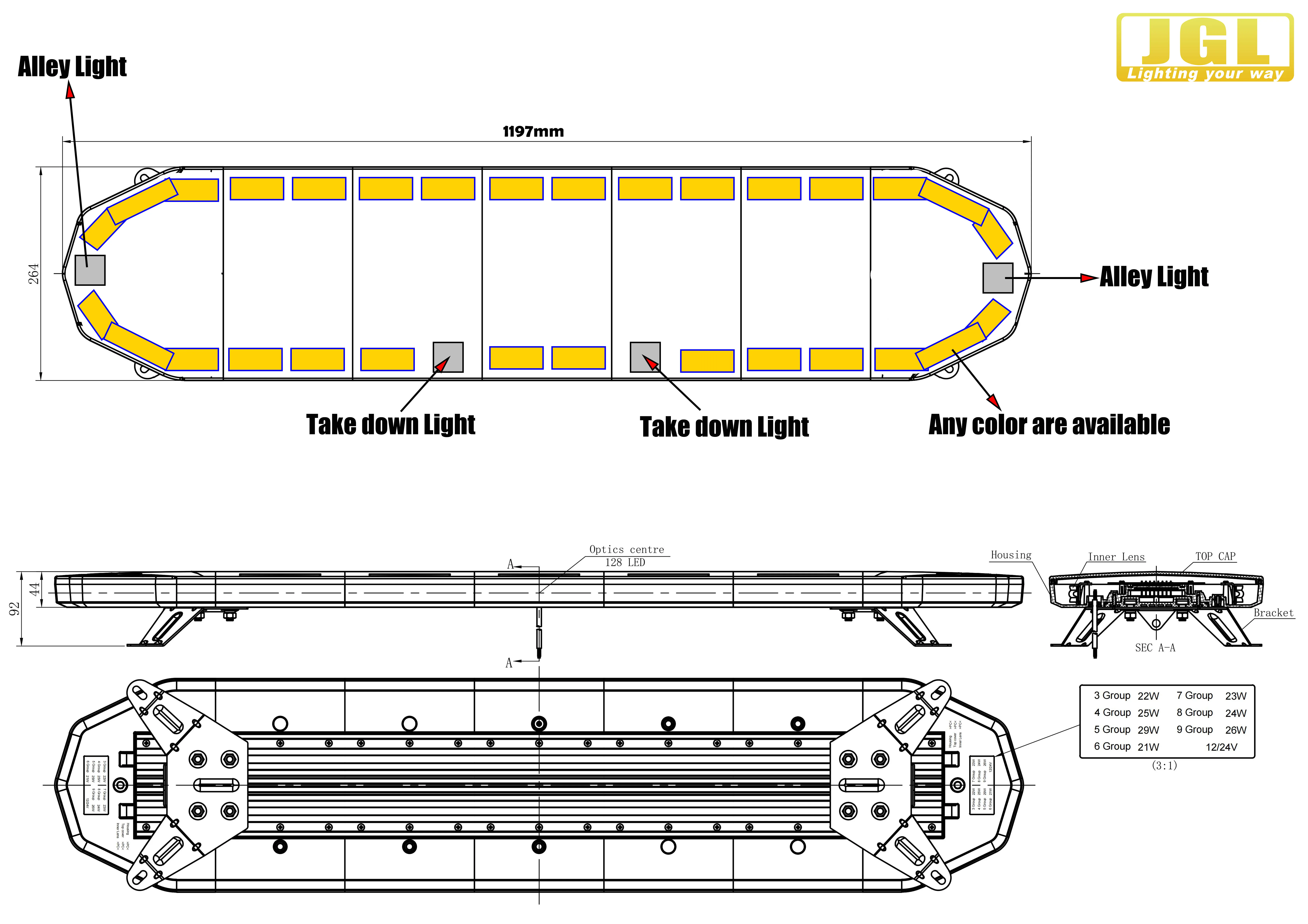 LED lamp,LED warning light bar, 144w,12-24v,1357mm. ECE R65, R10