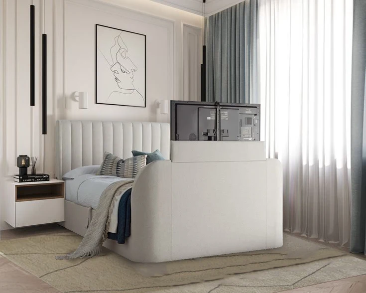 Natural Fabric Winged USB Ottoman Electric Media TV Bed