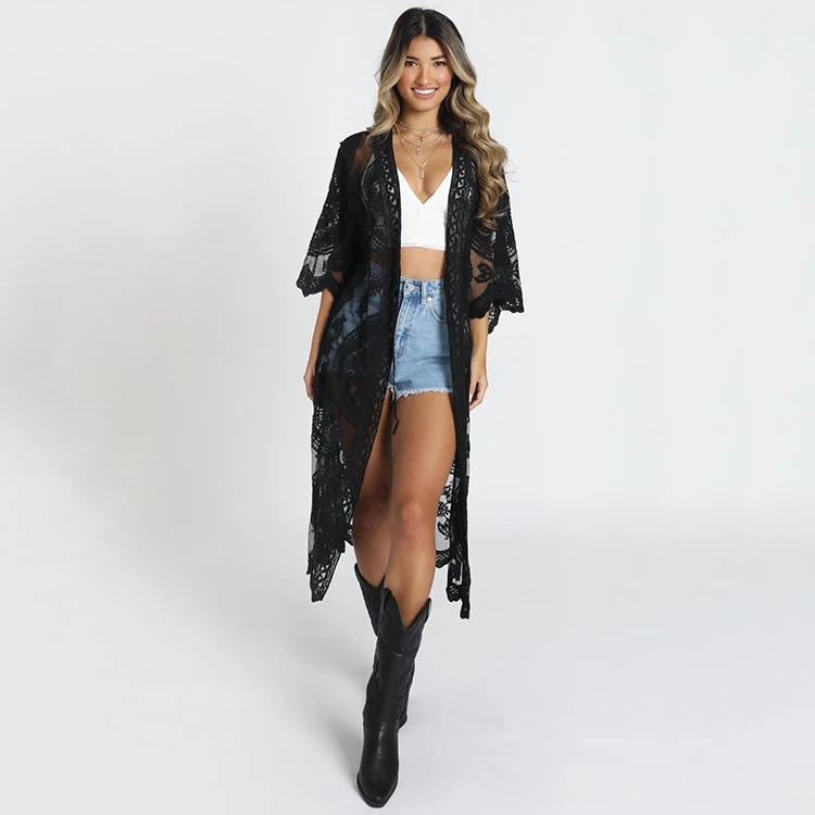 Lace Wholesale Swimsuit Cover Ups Blouse Women Tops Long Open Abaya Kimono
