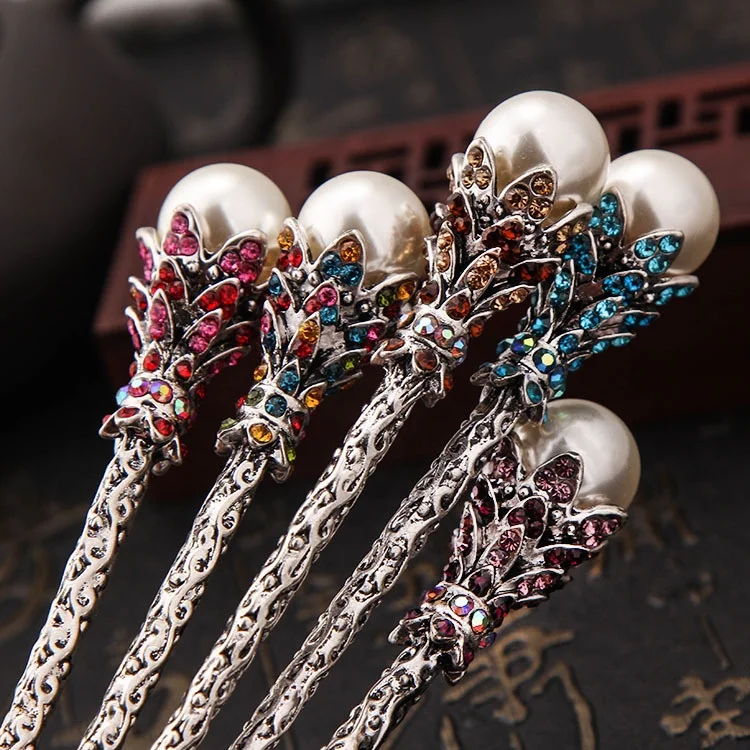 Beautiful Retro Vintage Diamond Rhinestone Pearl Metal Hair Stick Hairpin Accessories Chignon Bun Holder Pin Hair Chopsticks