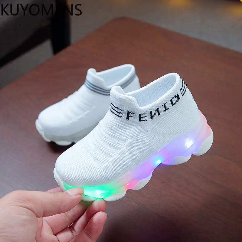 Kids Sneakers Children Baby Girls Boys Letter Mesh Led Socks Sport Run Sneakers Shoes Light Up Shoes
