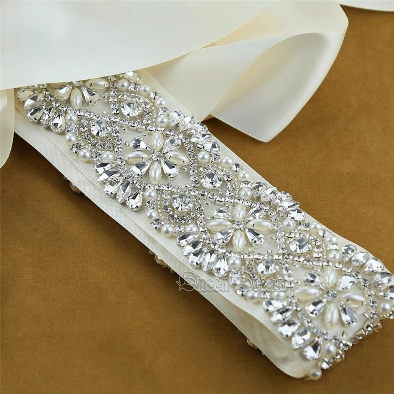 
Hot Sale Pearl Crystal Beaded Flower Bridal Sash Handmade Rhinestone Belt with Ribbon for Bride Bridesmaids formal Dress 