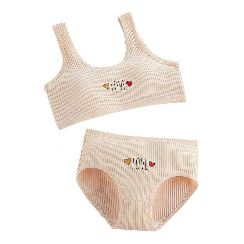 Girls Lovely Teenage Kids Beginners Seamless Growth Period Vest Cotton Camisole Bra Panty Set Underwear For Kids
