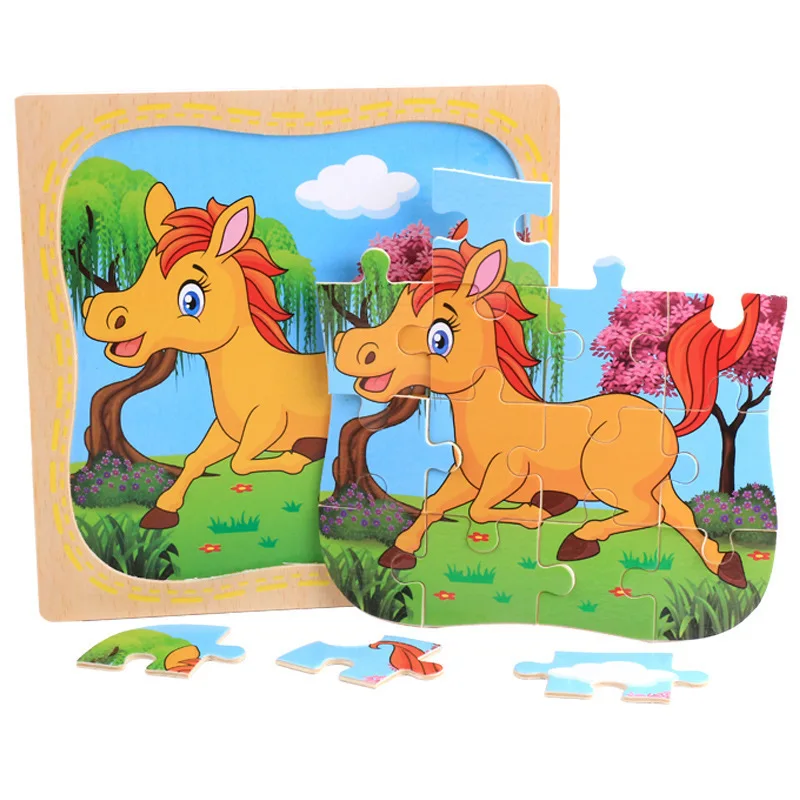 Hot sale 16 Pcs Teaching Aids Cartoon Puzzle Montessori early educational Wood Jigsaw Puzzle For Kids Toddler Boys & Girls CE
