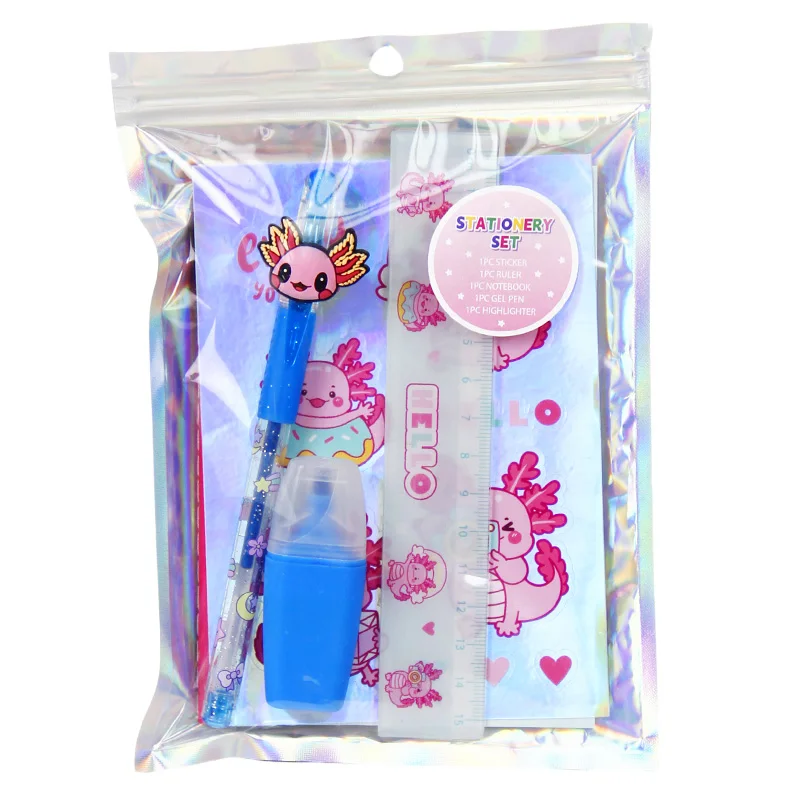 Holographic PVC Bag Unicorn and Cat Stationery Set for Kids - Includes Notebook, Ruler, Gel Pen, Sticker, and Highlighter