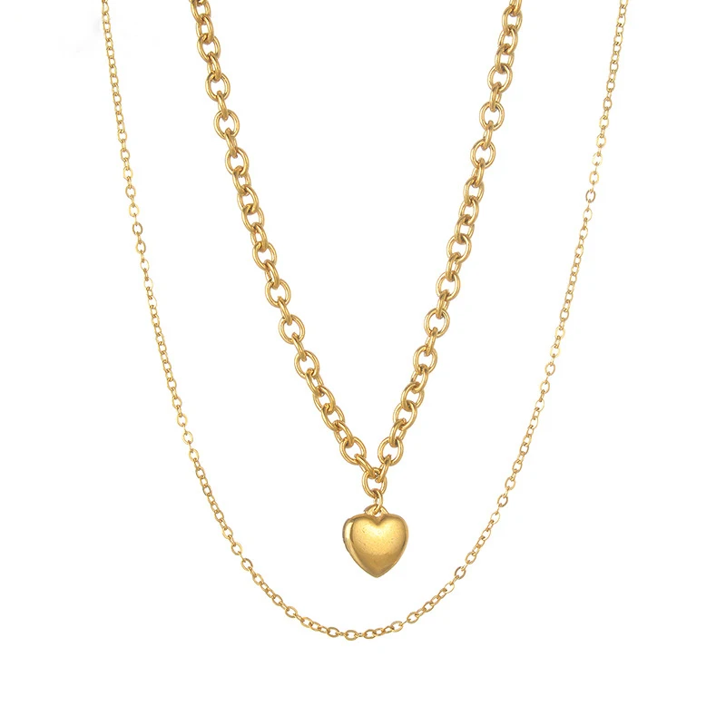 Fashion 18K Gold Plated Jewelry Double Layer Cross O Link Cable Chain Stainless Steel Heart Pendant Necklace