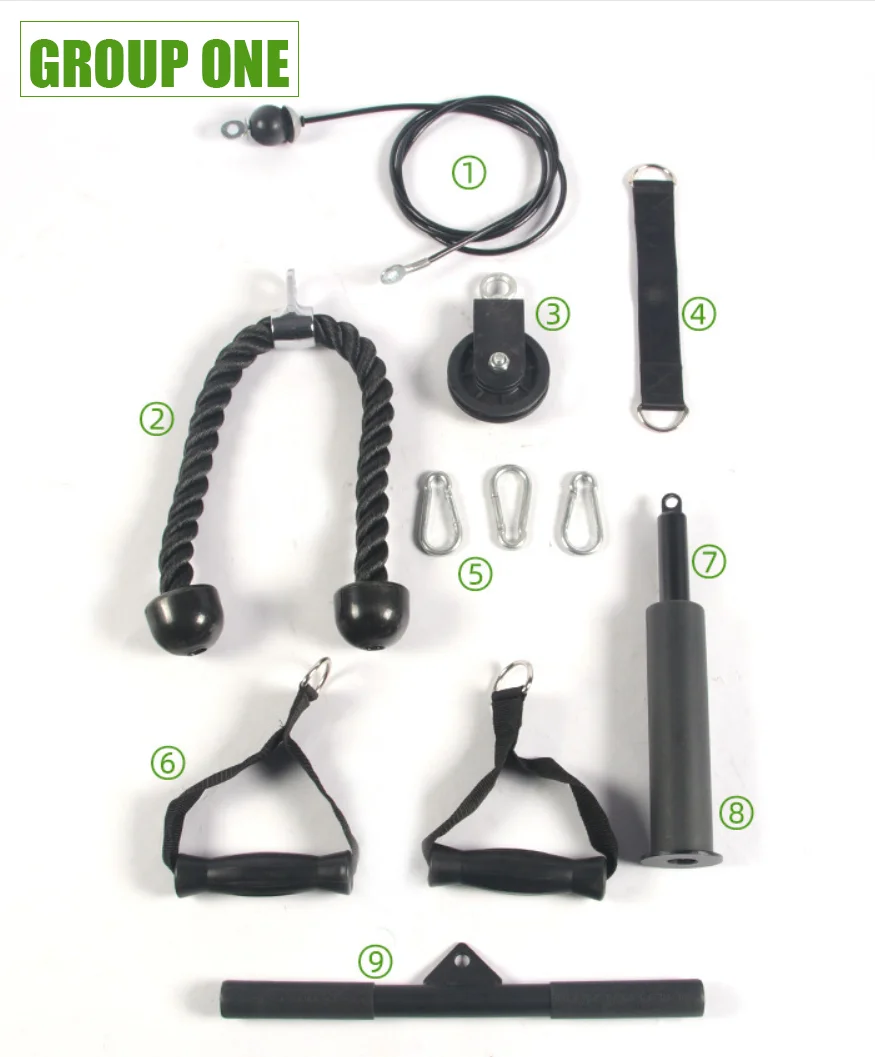 Pull down Cable Machine Attachment including Handle, Pulley, Tricep Rope, Straight Bar, Loading Pin