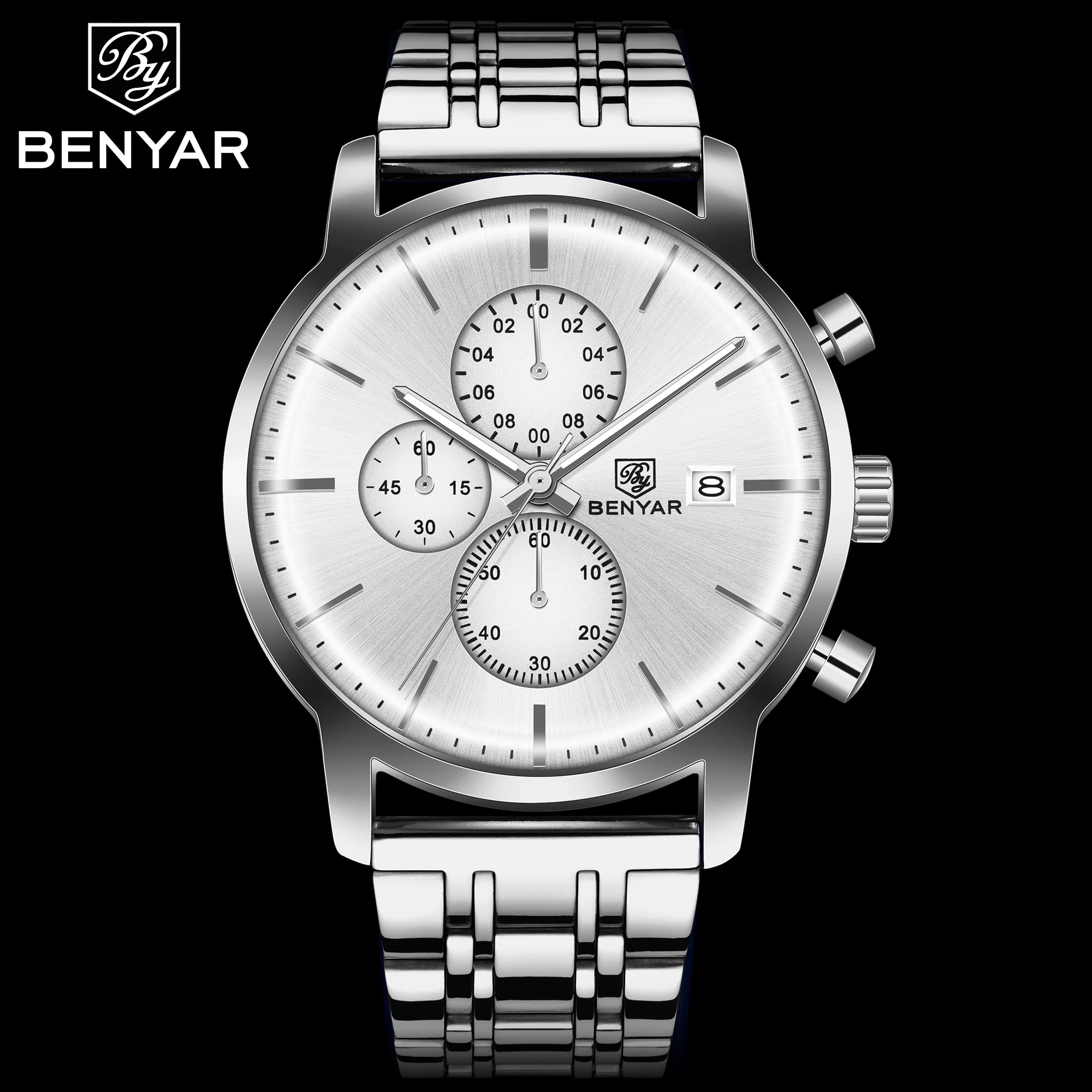 
Benyar 5146 leather strap watches analog watches for men stainless steel back genuine leather quartz watch 